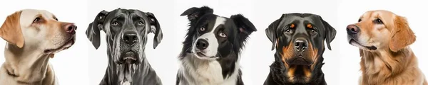 狗群摄影棚的肖像是在白色背景下拍摄的 各种品种的狗排成一排 两狗之间隔着一定的距离 — 图库照片