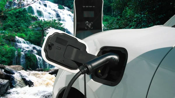 Electric Car Charging Energy Charging Station Natural Scenery Waterfall Stream — Stock Photo, Image