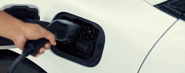 Closeup Focus Hand Insert Charger Plug Electric Vehicle Charging Station — 스톡 사진