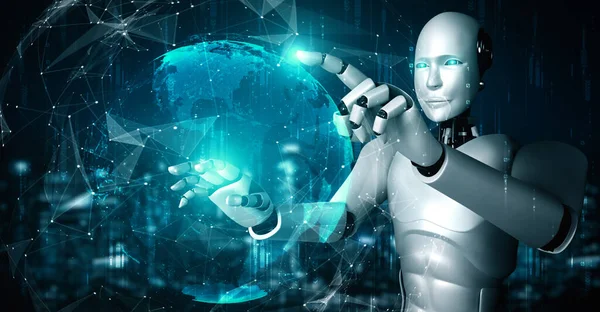 Hominoid Robot Vidröra Hologram Skärm Visar Begreppet Global Kommunikation Nätverk — Stockfoto