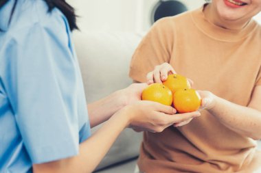A young caregiver handing oranges to her contented senior patient at the living room. Senior care services, home visit by medical.