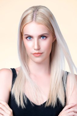 Closeup personable beautiful woman portrait with perfect smooth clean skin and natural makeup portrait in isolated background. Hand gesture with expressive facial expression for beauty model concept.