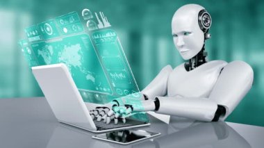 Robot hominoidler dizüstü bilgisayar kullanırlar ve büyük veri analizi için masaya otururlar. Dördüncü endüstriyel devrim için yapay zeka, yapay zeka ve makine öğrenme yöntemlerini kullanarak. 3B görüntüleme.