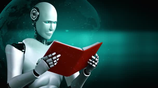 Rendering Robot Hominoid Reading Book Solving Math Data Analytics Concept — Stock Video