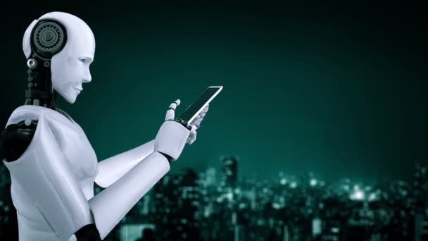 Robot Hominoïde Gebruik Mobiele Telefoon Tablet Voor Wereldwijde Netwerkverbinding Met — Stockvideo