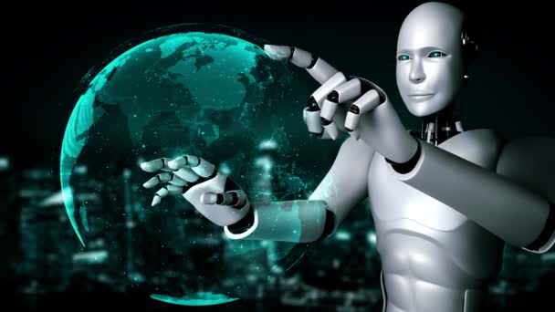 Hominoïde Robot Aanraken Hologram Scherm Toont Concept Van Wereldwijde Communicatie — Stockvideo