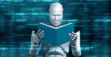 Futuristic robot artificial intelligence huminoid AI programming coding technology development and machine learning concept. Robotic bionic science research for future of human life. 3D rendering.