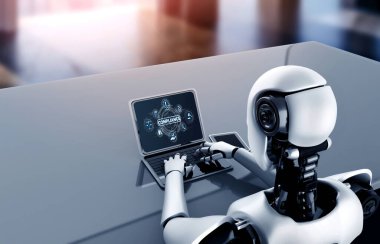 Model bilgisayar yazılımı uygulaması kullanan yapay zeka robotu. 3B illüstrasyon.