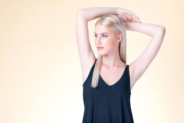 Personable Woman Lifting Her Armpit Showing Hairless Hygiene Underarm Beauty — Stockfoto