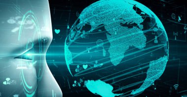 Internet connection controlled by AI robot huminoid and machine learning process to analyze data connectivity and cyber security . 3D rendering .