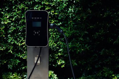 Charging station with greenery foliage background for combination of nature and alternative energy for progressive future renewable energy for electric car. Charger point with connecter device.