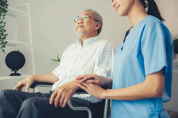 Caring Nurse Contented Senior Man Wheel Chair Home Nursing House —  Fotos de Stock