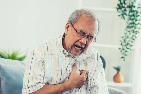 Agonizing Senior Man Suffering Chest Pain Heart Attack Alone His — Stok fotoğraf
