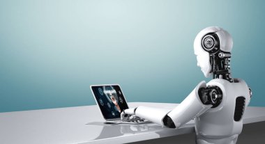 Model bilgisayar yazılımı uygulaması kullanan yapay zeka robotu. 3B illüstrasyon.