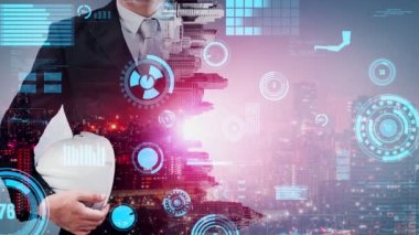 Gelecekteki bina inşaatı ve HUD hologram grafik tasarımı ile yaratıcı mühendislik projesi konsepti. İnşaat mühendisi, mimar ya da inşaat işçisi modern sivil teknoloji ile çalışıyor..