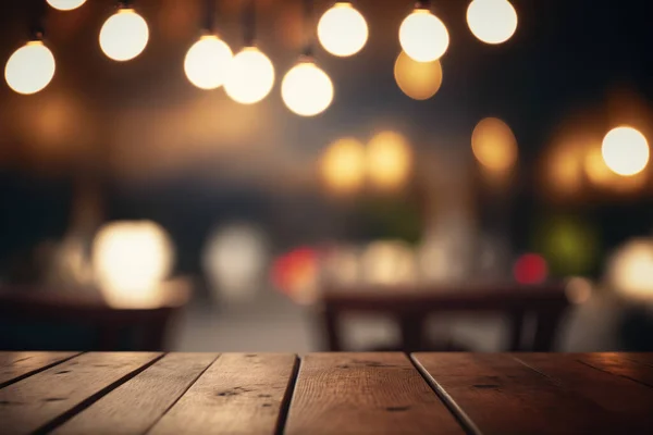 Empty Wood Table Product Display Blur Background Admirable Restaurant Night — ストック写真