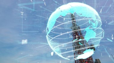 Dünya çapında internet ağı bağlantıları kavramında küresel iş değişikliğinin ve mavi gökyüzüne karşı e-ticaretin 3 boyutlu grafiğine sahip telekomünikasyon kulesi .