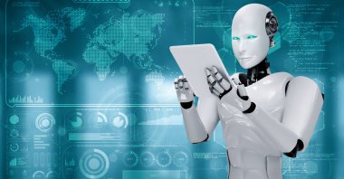 Büyük veri analizi için tablet bilgisayar kullanan robot insansı yapay zeka, yapay zeka ve 4. endüstriyel devrim için makine öğrenme yöntemlerini kullanıyor. 3B görüntüleme.