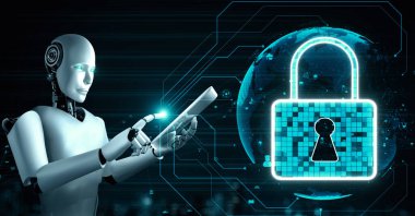 AI robot huminoid uses cloud computing technology to store data on online server . Futuristic concept of cloud information storage analyzed by machine learning process . 3D rendering .