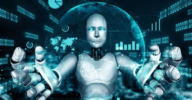 Future financial technology controll by AI robot huminoid uses machine learning and artificial intelligence to analyze business data and give advice on investment and trading decision . 3D rendering .