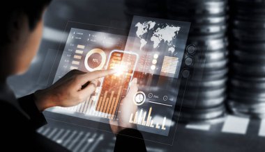 Businessman analyst working with digital finance business data graph showing technology of investment strategy for perceptive financial business decision. Digital economic analysis technology concept.