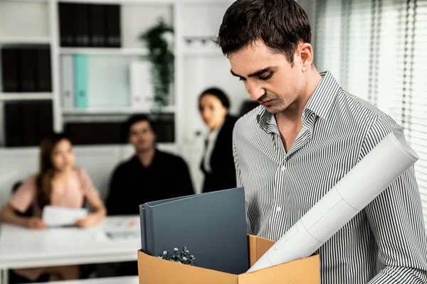 Depressed Disappointed Employee Packing His Belongings Being Fired Being Competent — Stockfoto