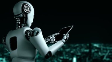 Future financial technology controll by AI robot huminoid uses machine learning and artificial intelligence to analyze business data and give advice on investment and trading decision . 3D rendering .