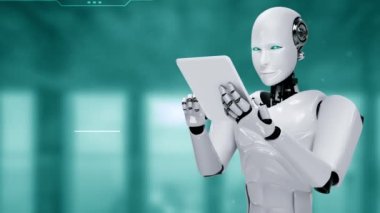 Büyük veri analizi için tablet bilgisayar kullanan robot insansı yapay zeka, yapay zeka ve 4. endüstriyel devrim için makine öğrenme yöntemlerini kullanıyor. 3B görüntüleme.