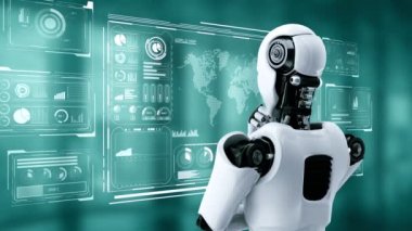 Yapay zeka hominoid robotunun hologram ekranını analiz etmesi, makine öğrenme süreciyle yapay zeka kullanarak büyük veri analizi yaptığını gösteriyor. 3B görüntüleme.