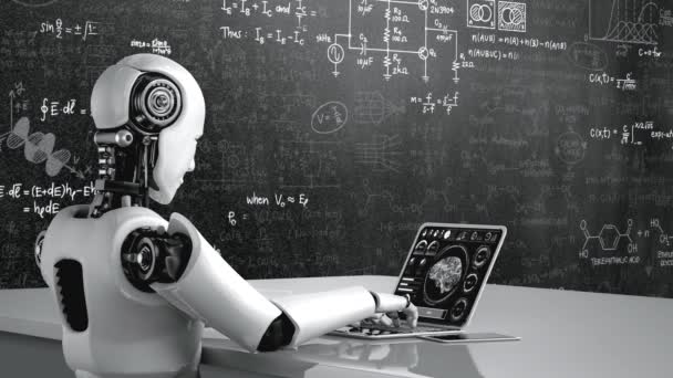 Robot Hominoid Používat Notebook Sedět Stolu Pro Inženýrské Vědy Studovat — Stock video