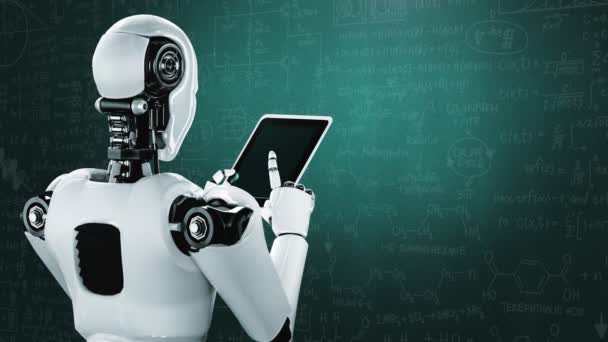 在第四次工业革命中 机器人人形机器人利用平板电脑 利用人工智能 人工智能和机器学习过程进行工程学研究 3D渲染 — 图库视频影像
