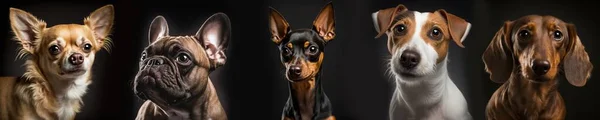 Honden Groep Studio Portret Foto Set Zwarte Achtergrond Verschillende Hondenrassen — Stockfoto