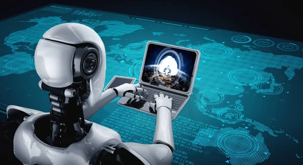 人工智能机器人使用时髦的计算机应用软件 3D插图 — 图库照片
