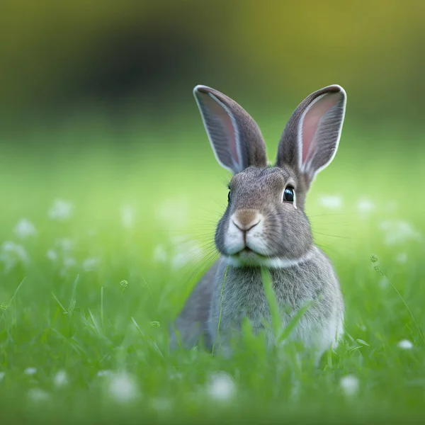 Single sedate lovely furry dutch rabbit breed sitting on bright green grass meadow during spring or summer time surrounded by dreamy bokeh. Easter hare portrait full body.
