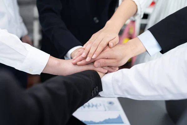Top View Closeup Business Team Suit Clad Businesspeople Join Hand — Zdjęcie stockowe