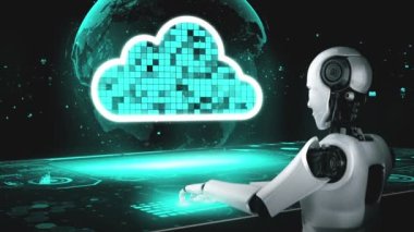 AI robot huminoid uses cloud computing technology to store data on online server . Futuristic concept of cloud information storage analyzed by machine learning process . 3D rendering .