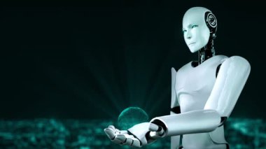 AI robot huminoid uses cloud computing technology to store data on online server . Futuristic concept of cloud information storage analyzed by machine learning process . 3D rendering .