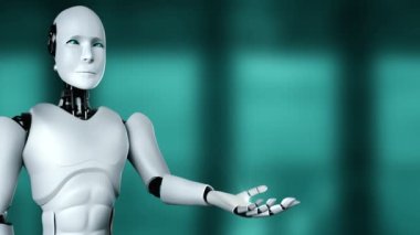 AI hominoid robot holding virtual hologram screen showing concept of AI brain and artificial intelligence thinking by machine learning process. 3D rendering.