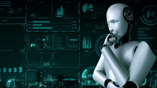Myšlenka Hominoid Robot Analyzující Hologram Obrazovky Zobrazující Koncept Big Data — Stock video