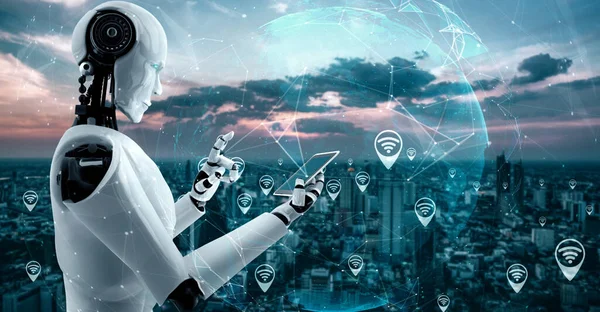 Robot Hominoid Používá Mobilní Telefon Nebo Tablet Pro Globální Síťové — Stock fotografie