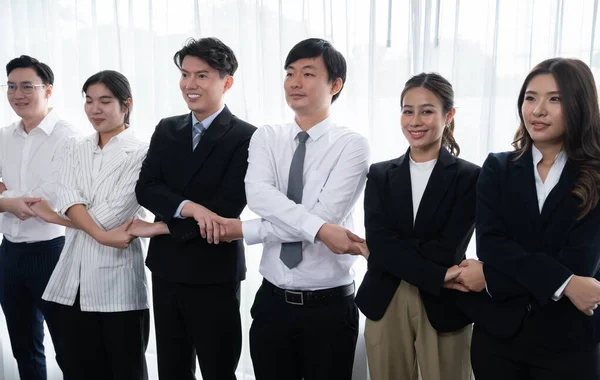 Cohesive Group Businesspeople Standing Row Holding Hand Line Together Meeting — Stock Photo, Image