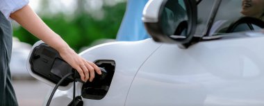 Closeup focus hand insert EV charger to electric vehicle at public charging point in car park with blur business people in backdrop, eco-friendly lifestyle by rechargeable car for progressive concept.