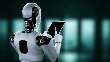 4. endüstriyel devrim için yapay zeka ve makine öğrenme süreci kavramında tablet bilgisayar kullanan robot hominoidler. 3B görüntüleme.