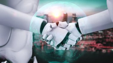 3D rendering hominoid robot handshake to collaborate future technology development by AI thinking brain, artificial intelligence and machine learning process for 4th industrial revolution.