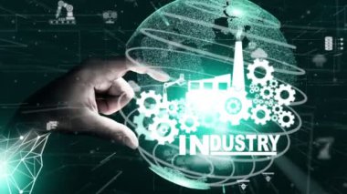Futuristic industry 4.0 and inventive mechanized engineering concept with graphic user interface showing automation design, robot operation, usage of machine deep learning for future manufacturing.