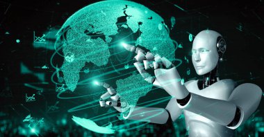 Future financial technology controll by AI robot huminoid uses machine learning and artificial intelligence to analyze business data and give advice on investment and trading decision . 3D rendering .