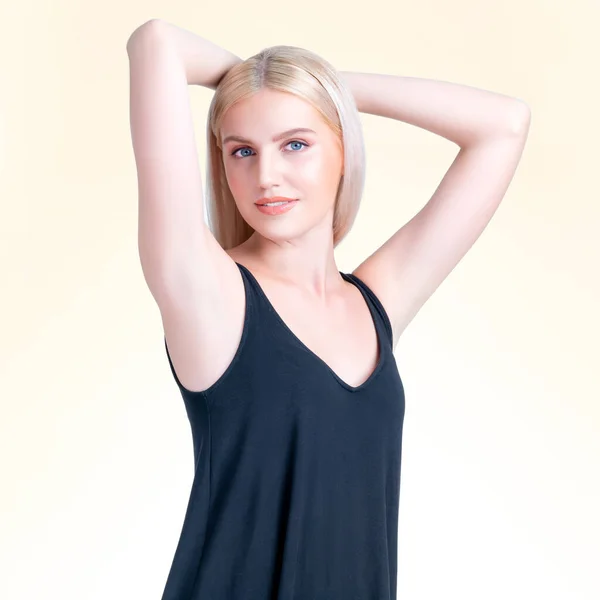 Personable Woman Lifting Her Armpit Showing Hairless Hygiene Underarm Beauty — Stock Fotó