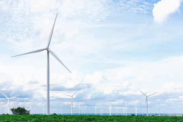 利用风能作为可再生能源的渐进方法 在绿地或山丘上的风力涡轮机农场为现代生活方式提供动力 无二氧化碳排放风力发电机组 — 图库照片