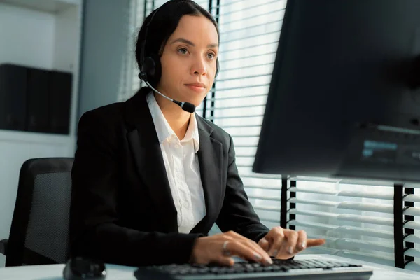 Competent Female Operator Working Computer Talking Clients Concept Relevant Both — 图库照片