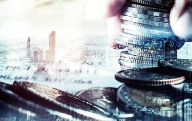 Finans ve para teknolojisi iş refahı ve varlık yönetimi kavramı. Yaratıcı grafik, refah karı elde etmek için değerli varlıklara yatırım yaparak ekonomi ve mali büyümeyi gösteriyor .